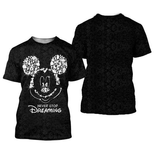 Smile Mickey Black Silver Glitter Bling Patterns Disney 3D T-shirt