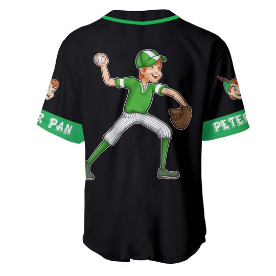 Peter Pan Green Black Jersey, Disney Custom Baseball Jersey