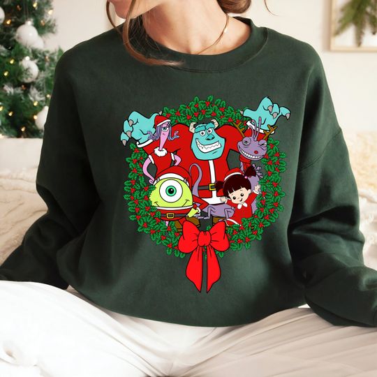 Disney Monsters Inc Group Shot Christmas Wreath Sweatshirt, Mike, Sulley Sweatshirt
