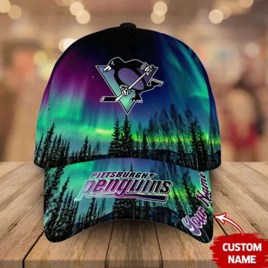 Personalized Pittsburgh Penguins Baseball Cap Northern Lights Hockey Hat Gift