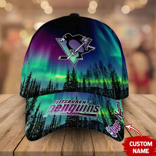 Personalized Pittsburgh Penguins Baseball Cap Northern Lights Hockey Hat Gift