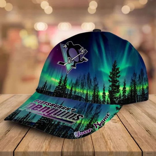 Personalized Pittsburgh Penguins Baseball Cap Northern Lights Hockey Hat Gift