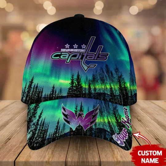 Personalized Washington Capitals Baseball Cap Northern Lights Hockey Hat Gift
