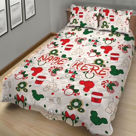 Personalized Christmas Mickey Quilt Bedding Set, Custom Name Disney