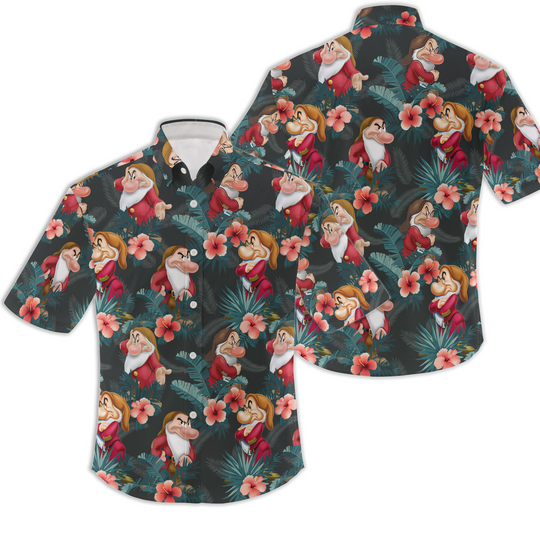 Grumpy Dwarf Snow White Disney Cartoon Graphics Floral Hawaiian Shirt