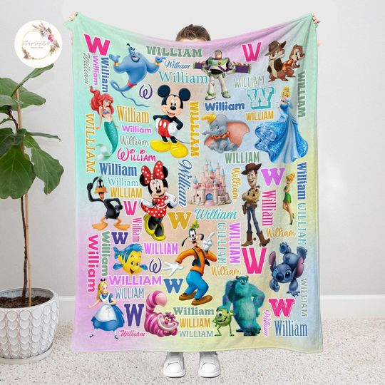 Personalized Multi Disney Characters Blanket, Disney Birthday Gift
