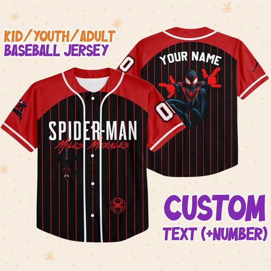 Personalize Spiderman Miles Morales Black Red, Custom Kid Disney Baseball Jersey