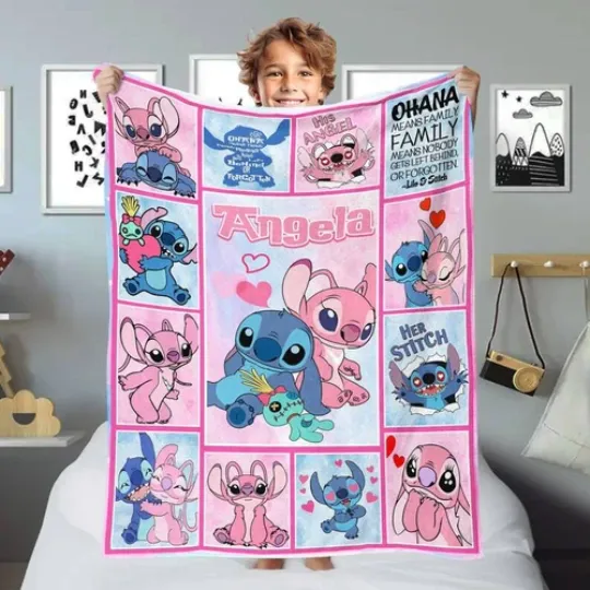 Personalized Lilo Stitch Fleece Sherpa Throw Blanket, Custom Name Disney Blanket
