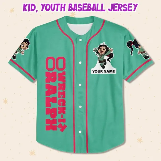 Custom Disney Wreck it Ralph Vanellope Simple Green, Custom Baseball Jersey