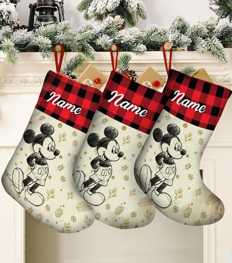 Personalized Mickey Sketch Plaid Stocking, Disney Character Christmas Stocking