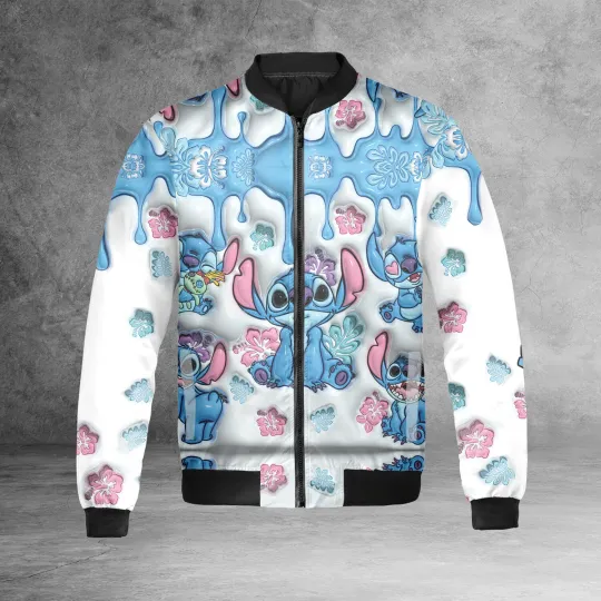 Stitch Ohana Means Family Hibiscus Flower Inflated Effect Jacket