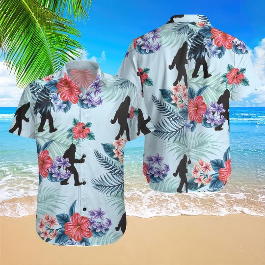 Arctic Blue Texas Floral And Leaves Bigfoot Hawaiian Shirt, Sasquatch Button Up Shirt, Tropical Hawaii Shirt, Bigfoot Summer Aloha Shirt
