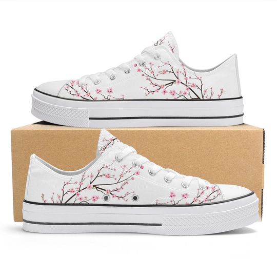 Snow White Unisex Cherry Blossom flower Converse style Low tops, Original Sakura shoes for him, Women Low top sneakers, Kawaii shoes
