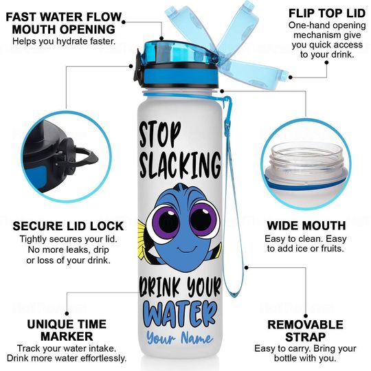 Finding Dory Bottle, Dory Water Tracker Bottle, Finding Dory Birthday Party, Custom Motivational Bottle, Cartoon Bottle
