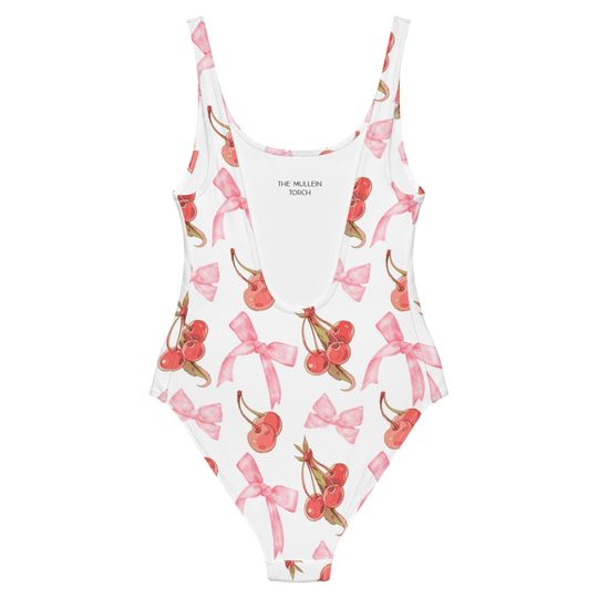 Womens Cherry and Bow One-Piece High Leg Swimsuit, Coquette Bathing Suit, Girly Swimsuit