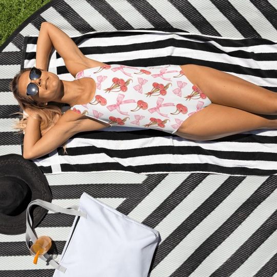 Womens Cherry and Bow One-Piece High Leg Swimsuit, Coquette Bathing Suit, Girly Swimsuit