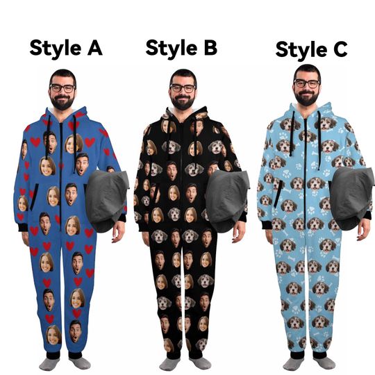 Custom Onesie Pajamas Lovers Adult Customize Zipper One-Piece Pajamas Personalized Face PJS with Photo Couples Onsies PJS Christmas Gift