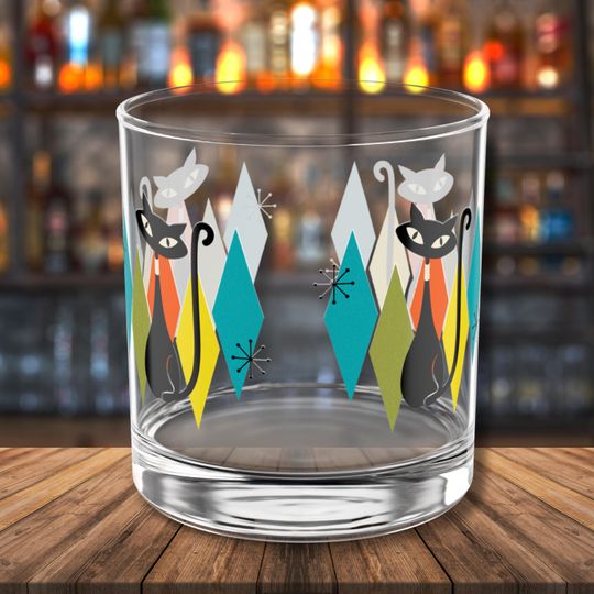 Atomic Cat Rock Glasses Retro Drinkware Mid Century Modern Whiskey Glass Gifts Unique Cat Lover Present MCM Retro Cat Barware Home Decor
