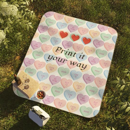 Water Resistant Personalized Valentines Day Heart Picnic Blanket, Custom Stadium Blanket Gift, Outdoor Camping; Beach Mat, Carrying Strap