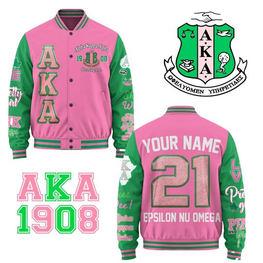 Alpha Kappa Alpha Baseball Jacket, Pink and Green Shirt
