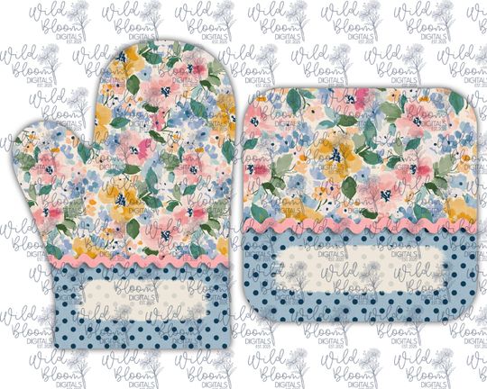 Pastel Spring Wildflowers Oven Mitt and Pot Holder Sublimation Design