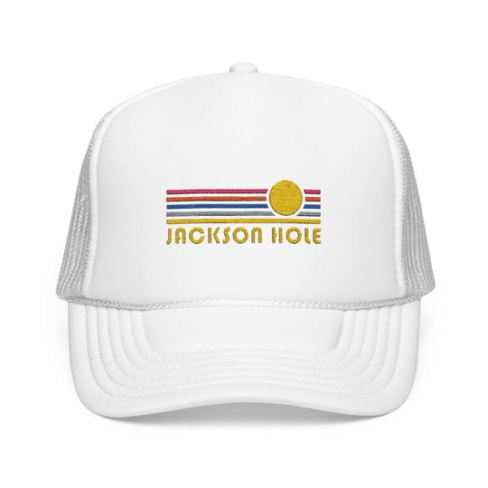 Jackson Hole, Wyoming Embroidered Foam Trucker Hat - Retro Sunset