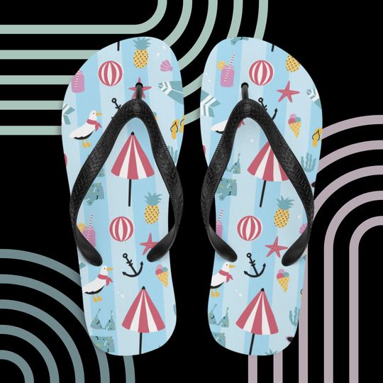 Beach Pattern Flip-Flops | Blue Stripe | Summer Sandals | Thong Sandals | Travel