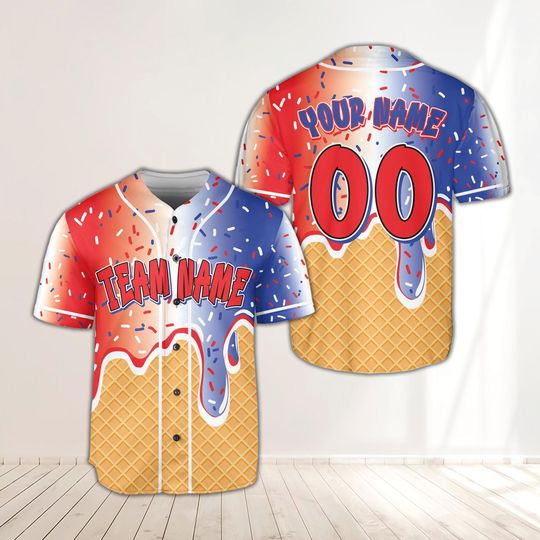 Personalized 4th Of July Baseball Jersey, Custom Name Patriotic Jersey, Red White Blue Ice Cream Drip Baseball Jersey, Independence Day Gift