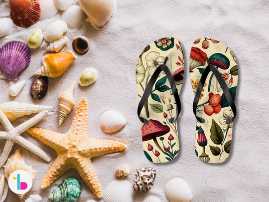 Mushroom flip flops, Vintage Cottagecore summer sandals, Mushroom beachwear,  Witch flip flops, Witchy shoes, Retro summer flip flops