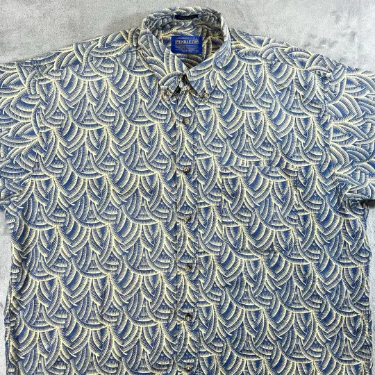 Pendleton Men’s Short Sleeve Button Shirt Hawaiian Bamboo Large Geometric Blue