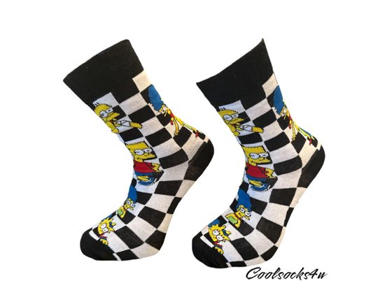 Simpsons Checkered Cartoon Character Cotton Crew Socks | Novelty, Fun and Cute |