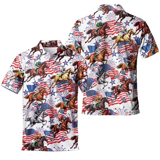 Funny Independence Day Horse Racing Polo Shirt for Men - USA Flag Casual Short Sleeve Golf Polo