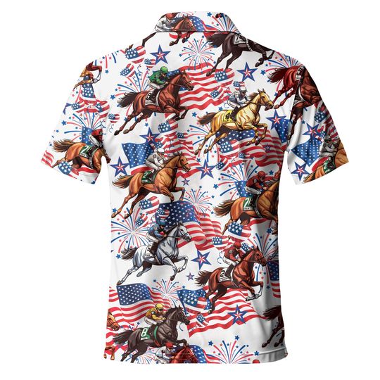 Funny Independence Day Horse Racing Polo Shirt for Men - USA Flag Casual Short Sleeve Golf Polo