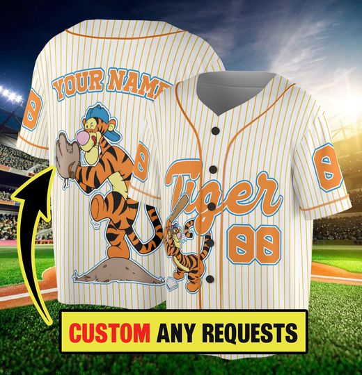 Custom Tigger Striped Jersey, Custom Kid Youth Adult Baseball Jersey, Tigger Jersey Birthday Gift