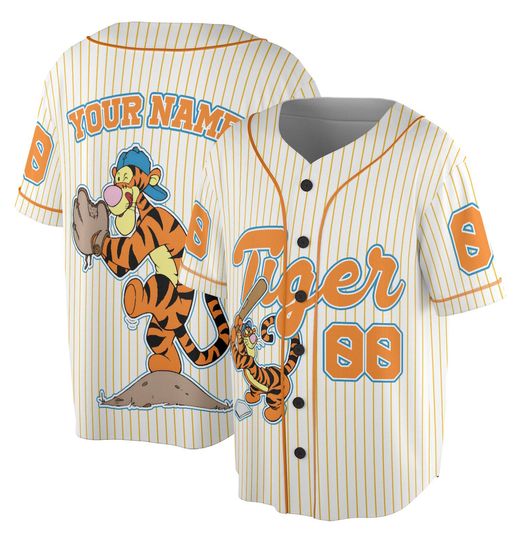 Custom Tigger Striped Jersey, Custom Kid Youth Adult Baseball Jersey, Tigger Jersey Birthday Gift