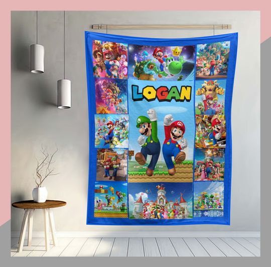 Super Mario Bros Fleece Blanket, Personalized Kids Bedding, Custom Name Blanket