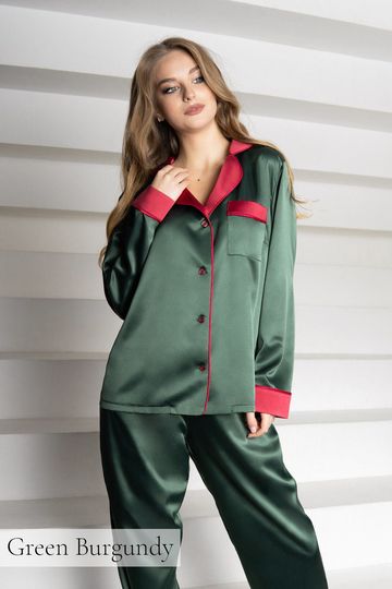 Christmas Pyjamas, Gifts for Her, Silk Pyjamas, Silk Pajamas for Women, Satin Pajama Set, PJs Long PJs Button Up Pajamas Sets Red Burgundy