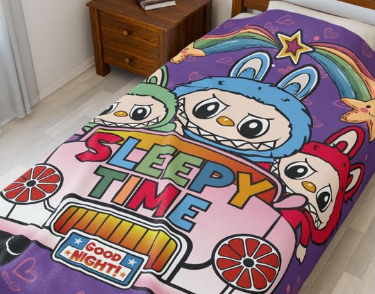 Sleepy Time Labubu Themed Fleece Blanket, Kid Blanket, Back To School Gift