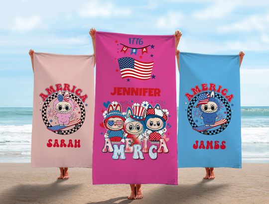 Labubu Personalized Beach Towel - Custom Name Bath Towel for Pool and Beach