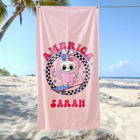 Labubu Personalized Beach Towel - Custom Name Bath Towel for Pool and Beach
