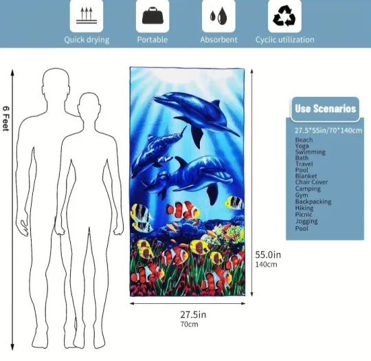 Microfiber Dolphin And Fish Print Beach Towel