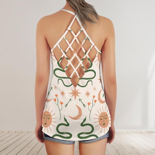 Snake Print Criss Cross Tank Top - Botanical Serpent Open Back Camisole - Nature Witchcore Summer Top