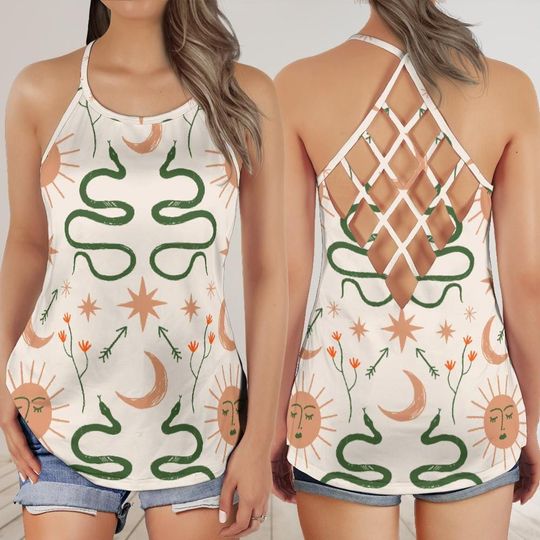 Snake Print Criss Cross Tank Top - Botanical Serpent Open Back Camisole - Nature Witchcore Summer Top