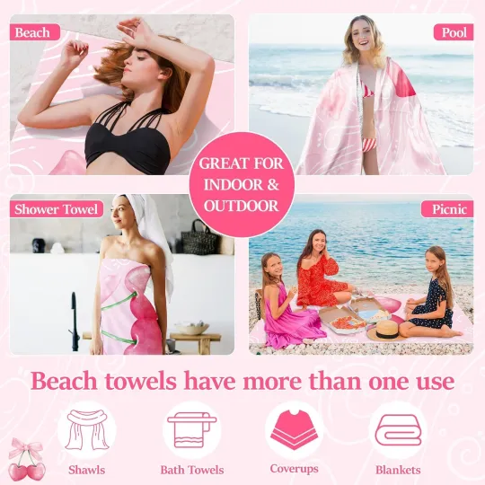 Cherry Bow Oversized Beach Towels - Double-Sided Thin Microfiber Lightweight ...