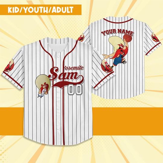 Personalize Yosemite Sam Jersey Red White, Baseball Jersey, Custom Kids, Youth, Adult, Birthday, Cartoon Team Outfit