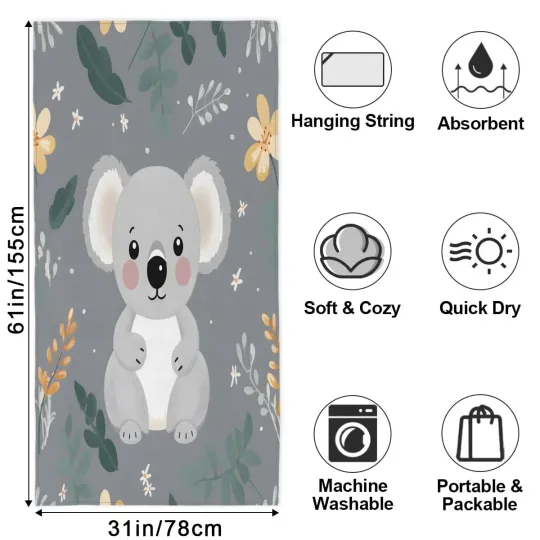 Microfiber Beach Towel Cute Koala Sand Free Lightweight Quick Dry 31"x61"