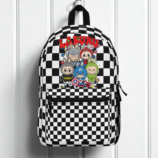 Labubu Inspired Superhero Backpack, Labubu Themed Bag, Checkerd Backpack, Back to School, Labubu Schoolbag