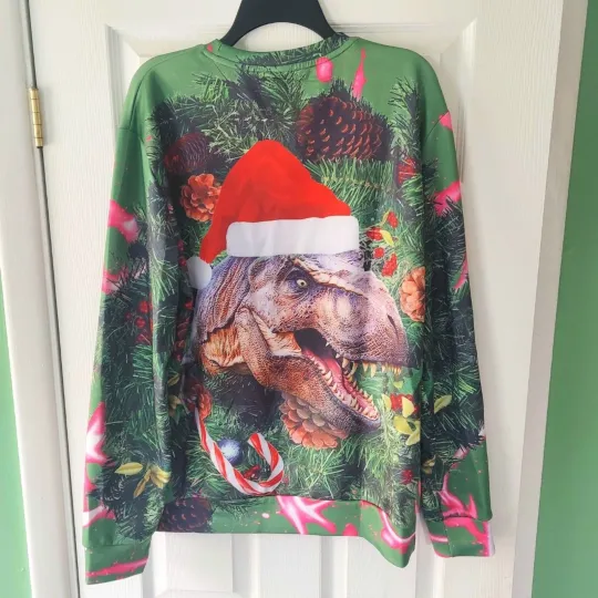 3D Print Ugly Christmas Pullover Santa Hat T-Rex Dinosaur Xmas Top