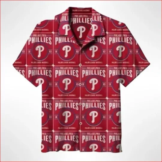 Retro Grid Style Phillies Aloha Shirt In Deep Red Print Hawaiian Shirt