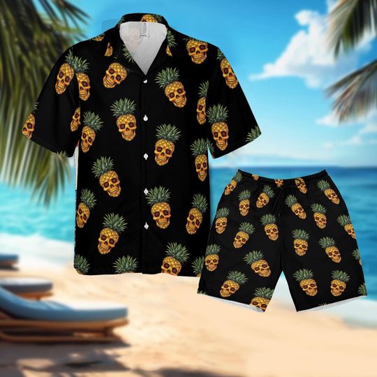 Pineapple Skull Shirt, Permanent Vacation Shirt, Cool Tiki Button Down Shirt, Hilarious Summer Gift